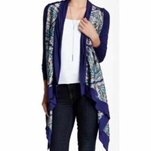 Vertigo Cardigan Womens Sz L Paisley Royal Blue Floral Asymmetric Open Front New